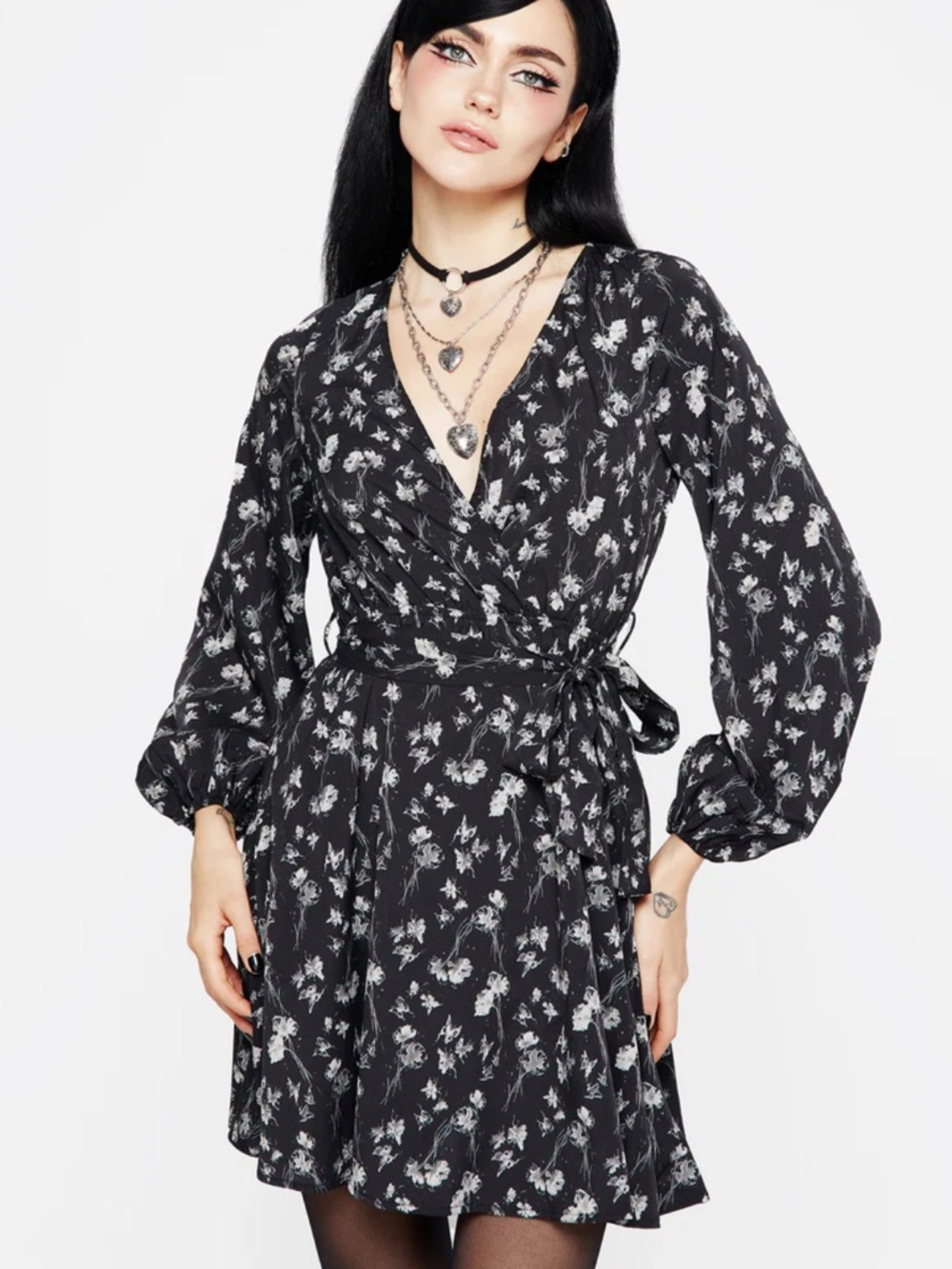 Disturbia Claricia Black Floral Faux Wrap Mini Dress
